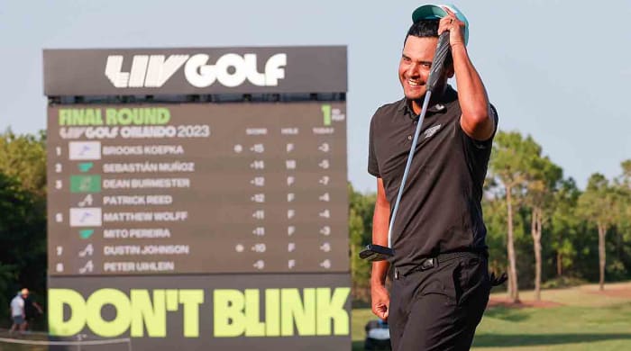 Sebastian Munoz is pictured at the end of the 2023 LIV Golf Orlando event.